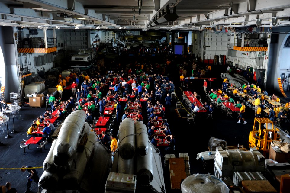 US Navy 111022-N-OY799-029 Sailors participate in a steel beach picnic aboard the Nimitz-class aircraft carrier USS John C. Stennis (CVN 74)