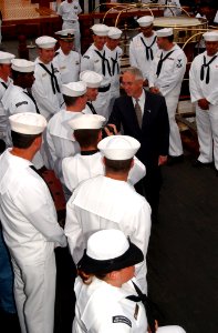 US Navy 040625-N-2568S-001 Secretary of the Navy, Gordon R. England greets the crew of USS Constitution during his visit to Boston