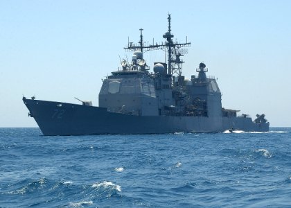 US Navy 040618-N-9954W-011 he guided missile cruiser USS Vella Gulf (CG 72) maneuvers to receive personnel from the Nimitz-class aircraft carrier USS George Washington (CVN 73) by Rigid Hull Inflatable Boat (RHIB)