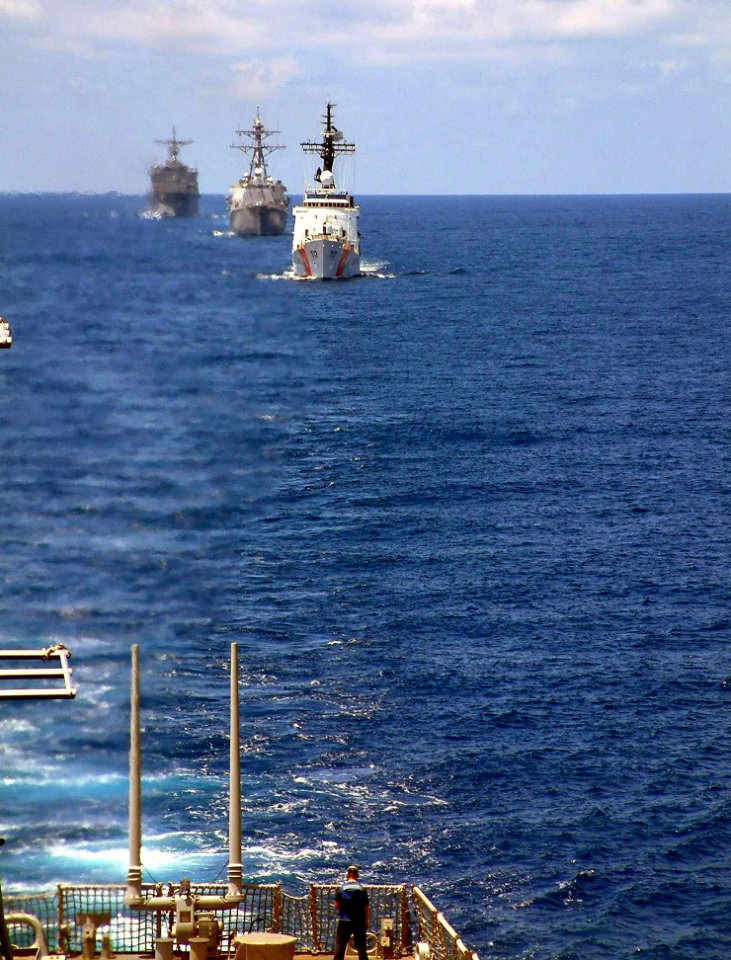 US Navy 040527-N-4104L-006 The U.S. Coast Guard Hamilton-class cutter Mellon (WHEC 717), the guided missile destroyer USS McCampbell (DDG 85) and amphibious dock landing ship USS Fort McHenry (LSD 43) steam together