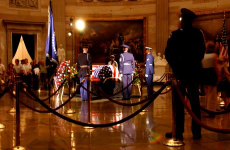 US Navy 040609-A-8024C-018 Ceremonial Honor Guard stand watch over the flag-draped casket of former President Ronald Reagan during his State Funeral in the U.S. Capitol Rotunda