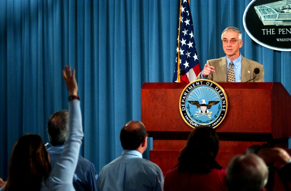 US Navy 040709-N-2568S-005 In a press conference held at the Pentagon, the Secretary of the Navy Gordon R. England outlines the procedures and answers media questions about the Combatant Status Review Tribunal