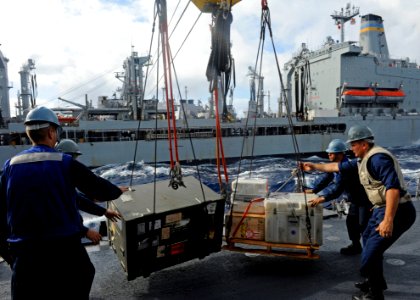 US Navy 111101-N-VH839-175 Sailors aboard USS Wayne E. Meyer prepare to send supplies to USNS Walter S. Diehl (T-AO 193)