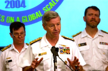 US Navy 040629-N-6811L-021 Commander, U.S. Third Fleet, Vice Adm. Michael J. McCabe, responds to media queries