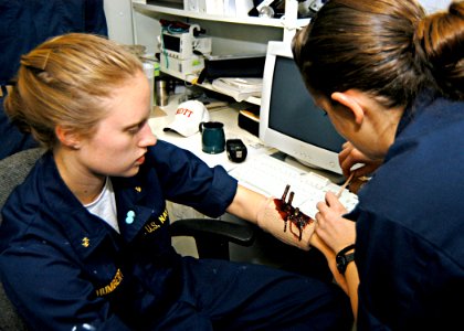 US Navy 040708-N-6293B-039 Hospital Corpsman 3rd Class Ashley Beck stages wounds on a midshipman for a simulated mass casualty drill aboard USS Enterprise (CVN 65)