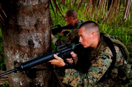 US Navy 040626-N-1464F-024 U.S. Marines secure an area along the Amazon River following a beach assault during UNITAS 45-04 field training