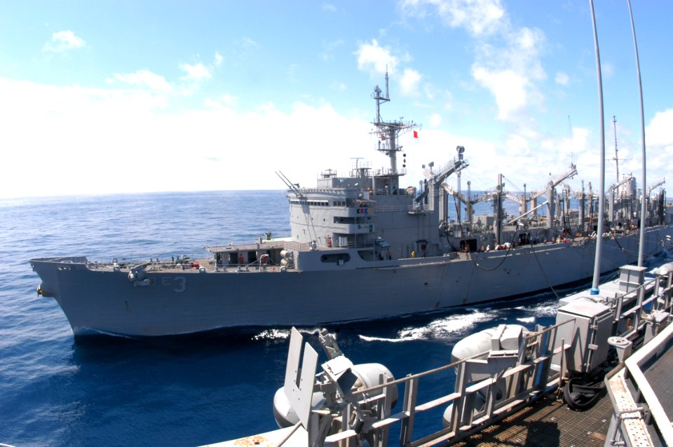 US Navy 040619-N-8704K-004 Fast combat support ship USS Seattle (AOE 3) steams alongside the aircraft carrier USS John F. Kennedy (CV 67) during an underway replenishment