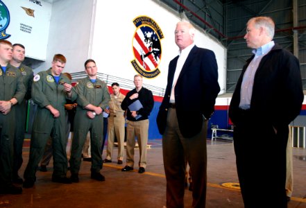 US Navy 040416-N-5821W-001 Georgia Senator Saxby Chambliss and Alabama Senator Jeff Sessions talk to Sailors