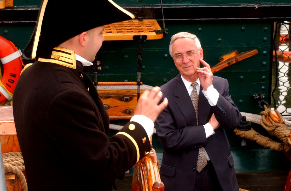 US Navy 040625-N-2568S-003 USS Constitution, Executive Officer, Lt. William Marks describes life aboard Constitution in the early 1800's to Secretary of the Navy Gordon R. England