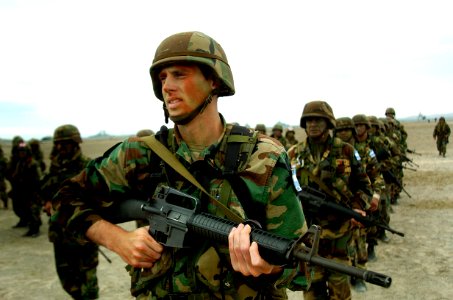 US Navy 040704-N-1464F-014 Marines from Argentina line up in formation alongside U.S. Marines durig the largest amphibious assault exercise in Latin America, UNITAS 45-04