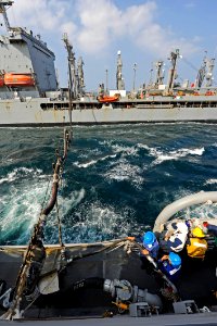 US Navy 111229-N-VH839-035 Sailors aboard the Arleigh Burke-class guided-missile destroyer USS Dewey (DDG 105) standby to receive fuel at a fueling