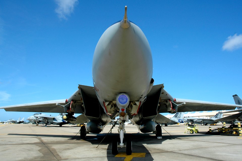 US Navy 040731-N-0295M-008 An F-14B Tomcat assigned to the Red Rippers of Fighter Squadron Eleven (VF-11) rests silently on the flight line aboard Naval Air Station Oceana