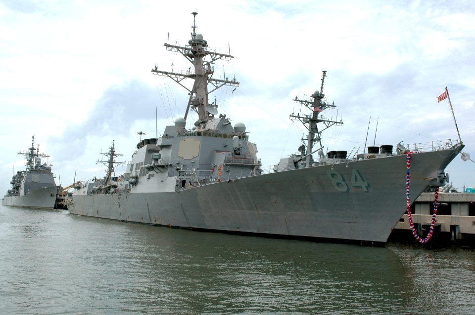 US Navy 040801-N-0295M-005 The guided missile destroyer USS Bulkeley (DDG 84), foreground, and the guided missile cruiser USS San Jacinto (CG 56) sit moored in Naval Station Norfolk, Va