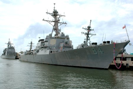 US Navy 040801-N-0295M-005 The guided missile destroyer USS Bulkeley (DDG 84), foreground, and the guided missile cruiser USS San Jacinto (CG 56) sit moored in Naval Station Norfolk, Va
