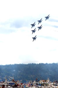US Navy 040807-N-6477M-043 The Blue Angels perform above Lake Washington during Seafair week in Seattle, Wash