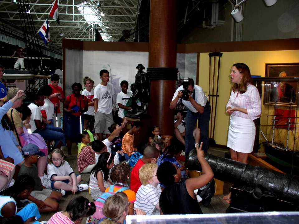 US Navy 040712-N-9784H-001 Navy Museum educator Ms. Karin Hill explains life in the Age of Sail Navy to 70 members of Camp Lighthouse, a day camp for blind and visually impaired children