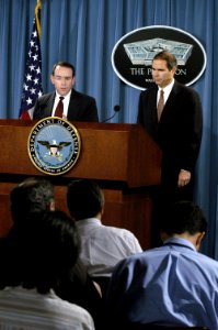 US Navy 040614-D-2987S-060 Assistant Secretary of the Navy for Research Development and Acquisition John J. Young, Jr., left, announces a contract to the Boeing Company to develop the U.S. Navy's Multi-mission Maritime Aircraft