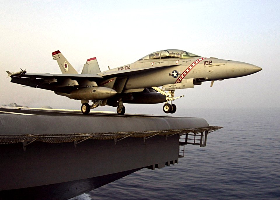 US Navy 040728-N-3488C-003 An F-A-18F Super Hornet assigned to the Diamondbacks from Strike Fighter Squadron One Zero Two (VFA-102) prepares to launch off the flight deck of USS Kitty Hawk (CV 63)