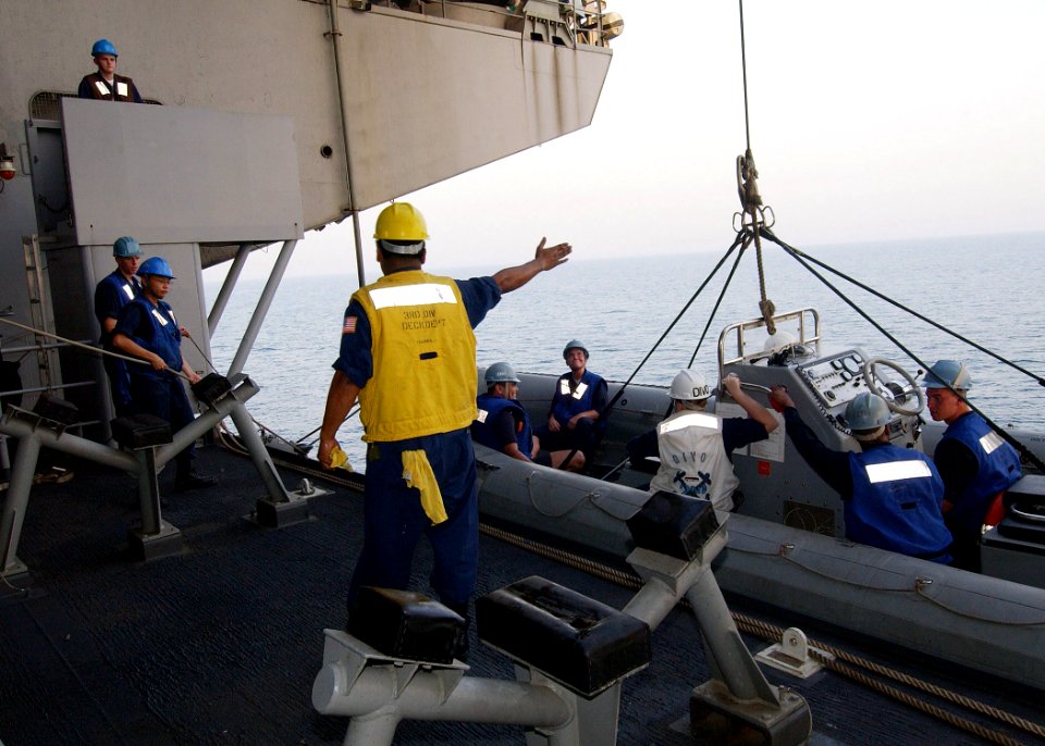 US Navy 040724-N-4374S-008 Sailors assigned to the conventionally powered aircraft carrier USS John F. Kennedy (CV 67) lower a Rigid Hull Inflatable Boat (RHIB) during small boat operations