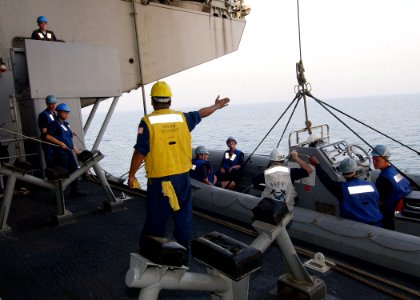 US Navy 040724-N-4374S-008 Sailors assigned to the conventionally powered aircraft carrier USS John F. Kennedy (CV 67) lower a Rigid Hull Inflatable Boat (RHIB) during small boat operations