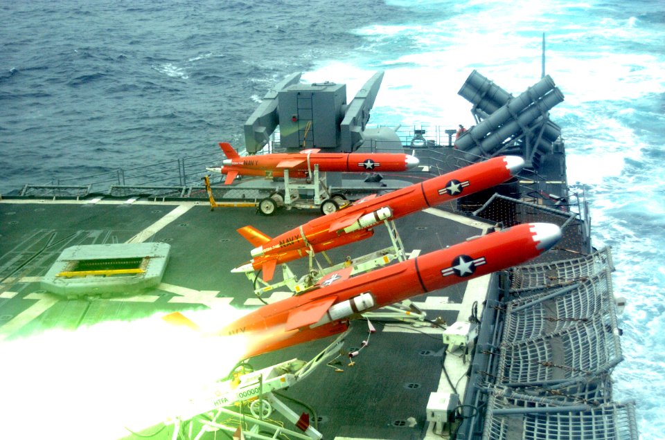 US Navy 040722-N-1464F-006 A BQM-74E drone is launched from the guided missile cruiser USS Thomas S. Gates (CG 51) during UNITAS 45-04