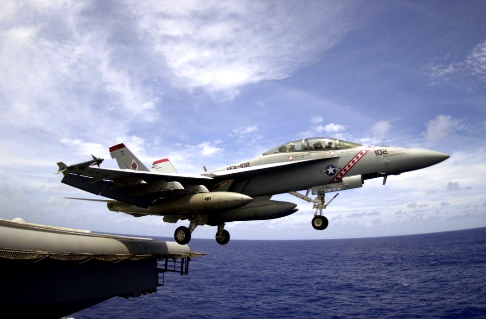 US Navy 040812-N-3488C-001 An F-A-18F Super Hornet, assigned to the Diamondbacks of Strike Fighter Squadron One Zero Two (VFA-102), launches