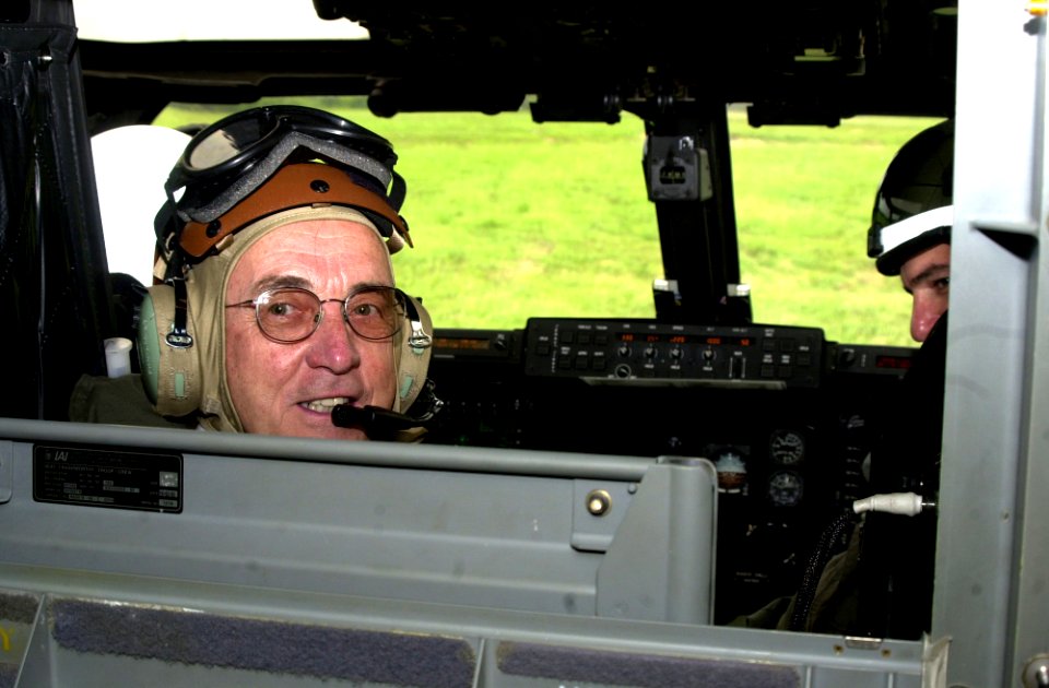 US Navy 040811-D-4876V-001 Secretary of the Navy, Gordon R. England smiles for the camera while sitting in the cockpit of a MV-22 Osprey
