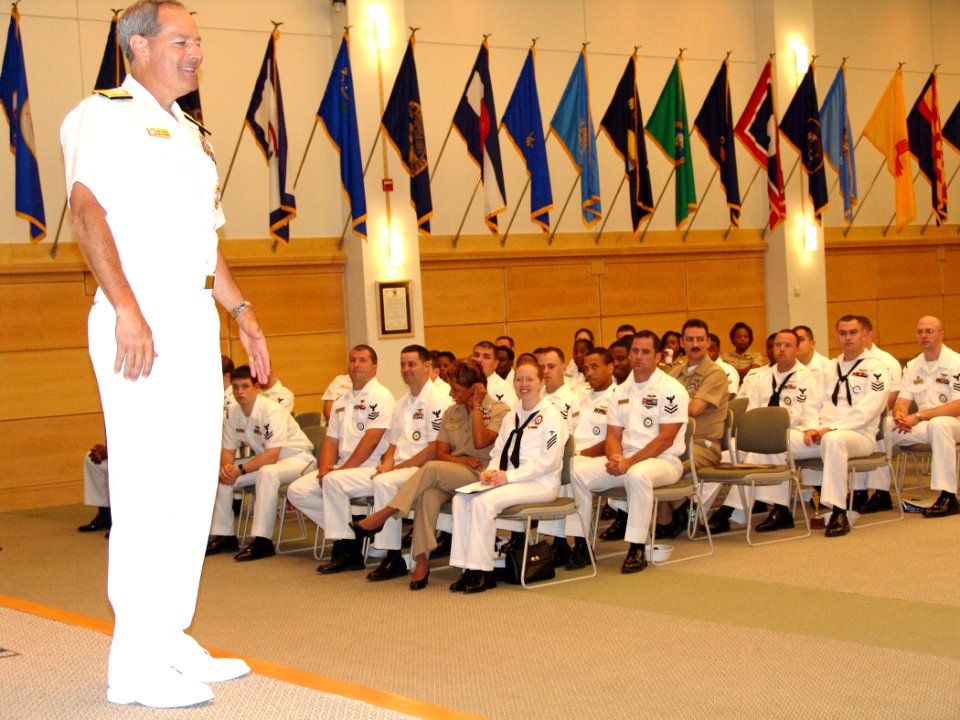 US Navy 040714-N-4729H-083 Rear Admiral Jeffrey Fowler, Commander, Navy Recruiting Command, speaks at an all-hands call to members of Navy Recruiting District Philadelphia