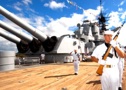 US Navy 040902-N-3019M-014 Ceremonial honor guard prepares to render a 21-gun salute at the 59th anniversary ceremony of the end of World War II aboard the battleship USS Missouri Memorial