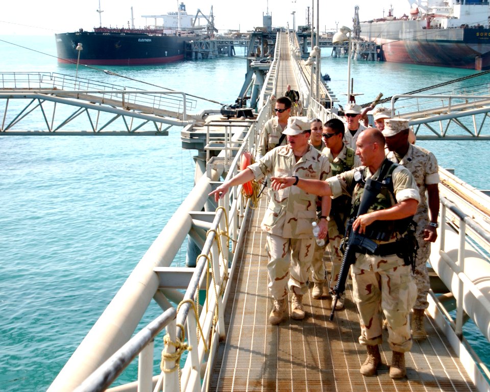 US Navy 040821-N-0401E-039 Master Chief Petty Officer of the Navy (MCPON) Terry Scott and Sgt. Maj. of the Marine Corps John Estrada receive a tour of Al Basrah Oil Terminal, off the coast of Iraq