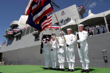 US Navy 040918-N-3228G-019 A color guard assigned to the Arleigh Burke-class guided missile destroyer USS Chung-Hoon (DDG 93), parade the colors at their ship's commissioning ceremony in Pearl Harbor