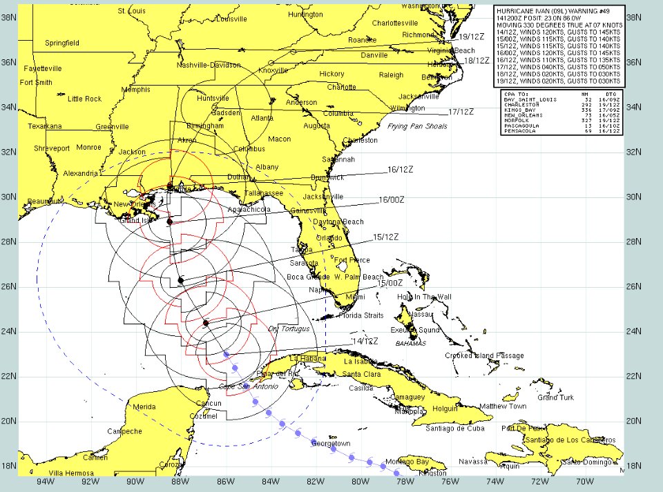 US Navy 040914-N-0000X-003 Current forecast projected path and wind speeds of Hurricane Ivan from Sept 14 to Sept 19