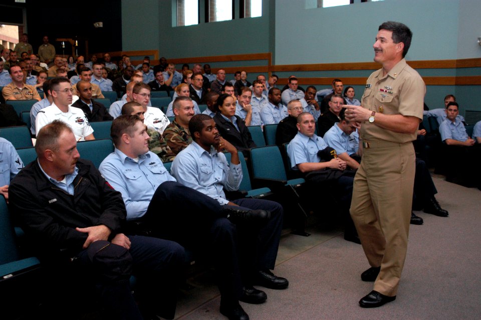 US Navy 040923-N-6477M-123 Master Chief Petty Officer of the Navy (MCPON) Terry Scott address Sailors during an all hands call at Naval Station Everett