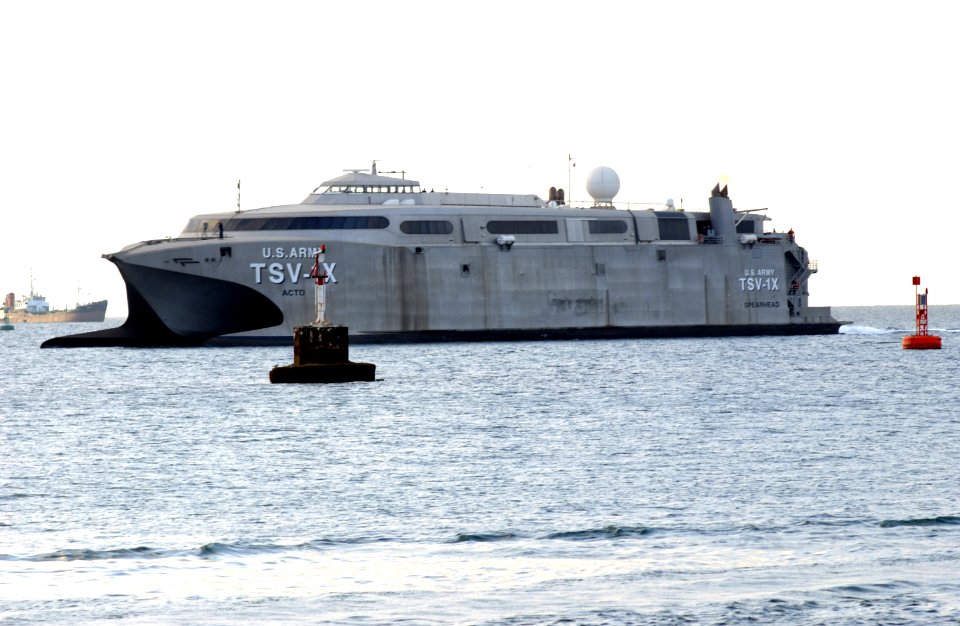US Navy 041103-F-2760K-015 U.S. Army ship TSV-1X Spearhead prepares to dock at the Port of Djibouti, Africa