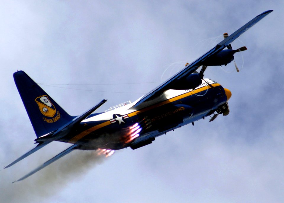 US Navy 041009-N-0879R-004 A U.S. Marine Corps C-130 Hercules Fat Albert, assigned to the U.S. Navy flight demonstration team, the Blue Angels, uses Jet Assisted Take Off (JATO) bottles