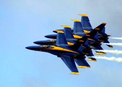 US Navy 041009-N-0879R-002 Four F-A-18A Hornets assigned to the U.S. Navy flight demonstration team, the Blue Angels, fly in formation