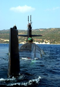 US Navy 041025-N-0780F-038 The Los Angeles-class attack submarine USS Newport News (SSN 750), departs Souda Bay harbor, Greece