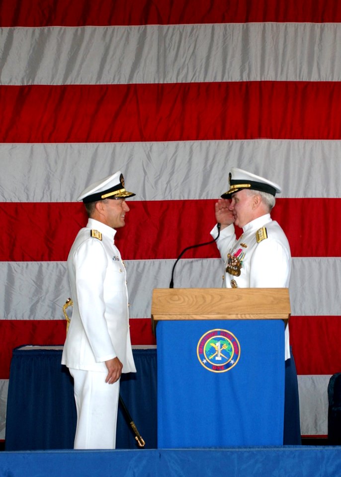 US Navy 041029-N-2379C-032 Rear Adm. Michael A. LeFever, left, relieves Commander, Expeditionary Strike Group One (ESG-1), Rear Adm. Robert T. Conway, Jr