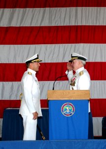 US Navy 041029-N-2379C-032 Rear Adm. Michael A. LeFever, left, relieves Commander, Expeditionary Strike Group One (ESG-1), Rear Adm. Robert T. Conway, Jr