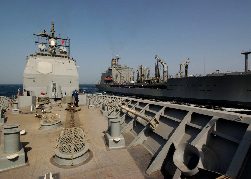 US Navy 041026-N-4374S-013 The guided missile cruiser USS Vicksburg (CG 69) receives fuel from the Military Sealift Command (MSC) oiler USNS Guadalupe (T-AO 200) during a replenishment at sea in the Arabian Gulf