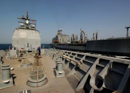 US Navy 041026-N-4374S-013 The guided missile cruiser USS Vicksburg (CG 69) receives fuel from the Military Sealift Command (MSC) oiler USNS Guadalupe (T-AO 200) during a replenishment at sea in the Arabian Gulf
