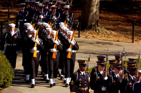 US Navy 041111-G-3024G-710 Honor Guardsmen from the Nation's armed services, march to the Tomb of the Unknowns at Arlington National Cemetery, Va., during Veteran's Day ceremonies