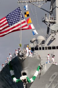 US Navy 040910-N-3228G-002 Sailors man the rails aboard the Navy's newest and most advanced Arleigh Burke-class guided missile destroyer USS Chung-Hoon (DDG 93)