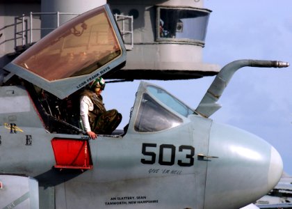 US Navy 041109-N-5345W-049 A troubleshooter conducts a routine inspection of one of the squadron's EA-6B Prowlers, following daytime flight operations aboard the Nimitz-class aircraft carrier USS Harry S. Truman (CVN 75)