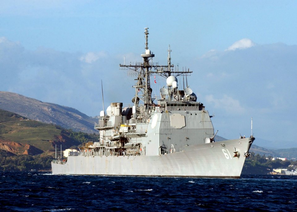 US Navy 041108-N-0780F-009 The guided missile cruiser USS Monterey (CG 61) sails out of Souda harbor in Crete, Greece, following a four-day port visit to Greece's largest island