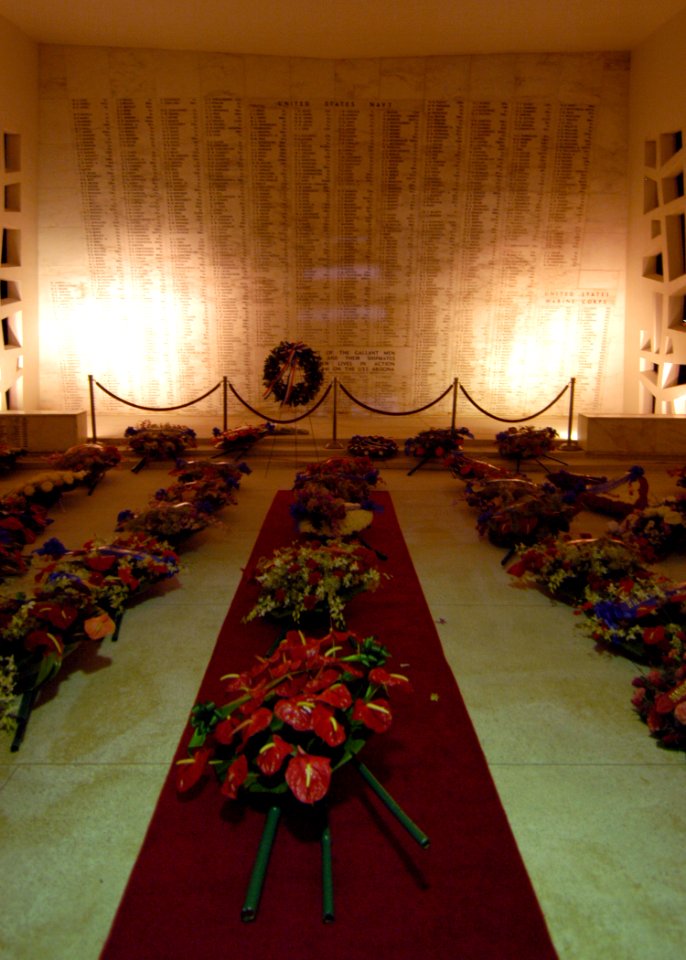 US Navy 041206-N-3019M-001 Wreaths lay in the shrine room of the USS Arizona Memorial on the eve of the 63rd Commemoration of the Dec. 7, 1941 attack on Pearl Harbor
