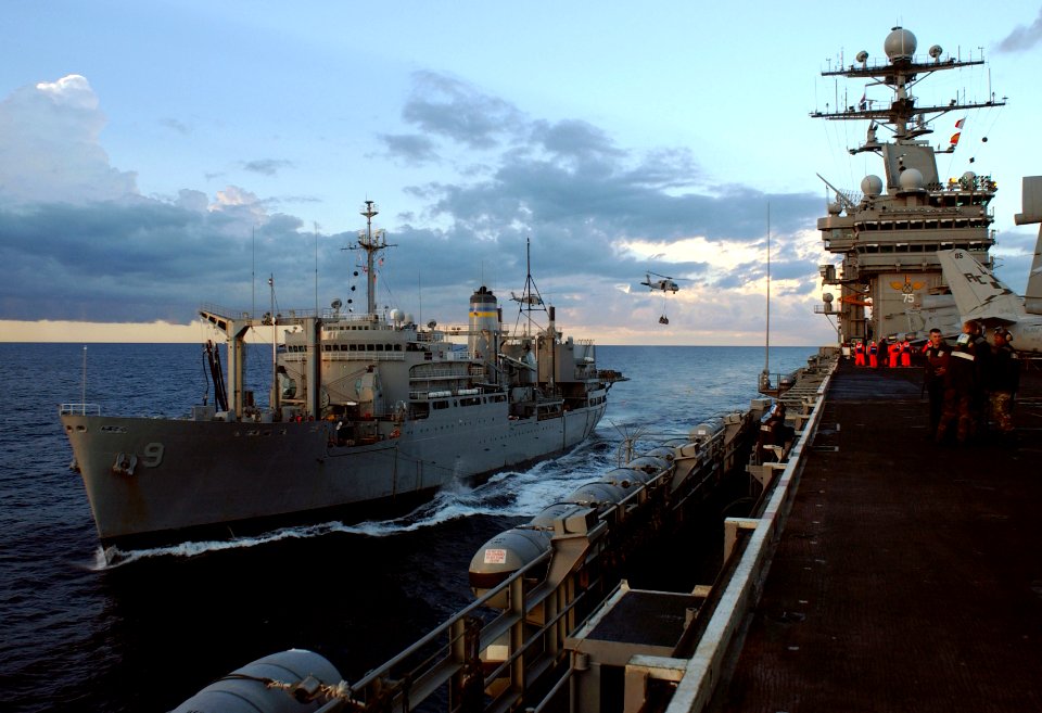 US Navy 041101-N-5345W-031 The Military Sealift Command (MSC) combat stores ship USNS Spica (T-AFS 9) cruises alongside the Nimitz-class aircraft carrier USS Harry S. Truman (CVN 75)