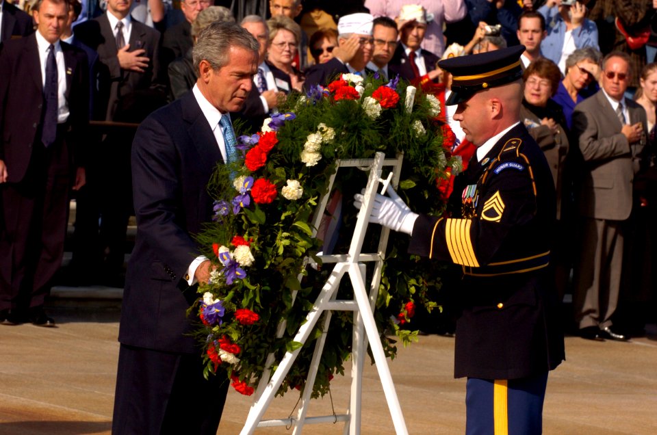 US Navy 041111-G-3024G-795 President George W. Bush lays a wreath at the Tomb of the Unknowns in Arlington National Cemetery, Va., during a Veterans Day ceremony