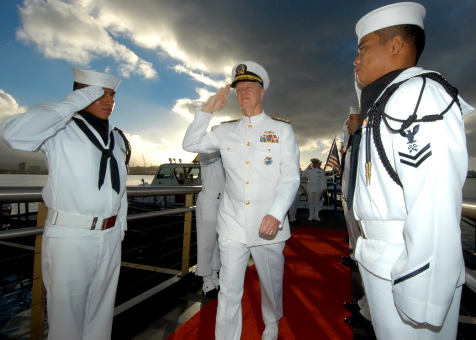 US Navy 041207-N-3019M-006 Deputy Commander, U.S. Pacific Command, Vice Adm. Gary Roughead, is piped aboard the USS Arizona Memorial during the 63rd commemoration of the Dec. 7, 1941 attack on Pearl Harbor, Hawaii
