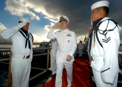 US Navy 041207-N-3019M-006 Deputy Commander, U.S. Pacific Command, Vice Adm. Gary Roughead, is piped aboard the USS Arizona Memorial during the 63rd commemoration of the Dec. 7, 1941 attack on Pearl Harbor, Hawaii